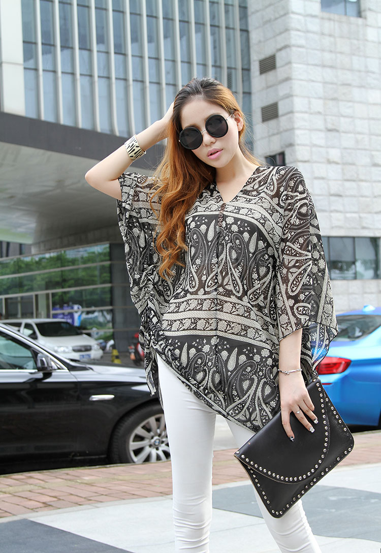 2014SummerHotSaleNewStylishEasyMatchChiffonMummyClothesVNeckPlusSizeWomenBlouse-AFT063009BA