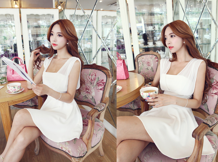 2014SummerHotSaleNewStylishSolidColorEveningPartyWearSleevelessFitWhiteSexyCharmingDresses-AMT070743