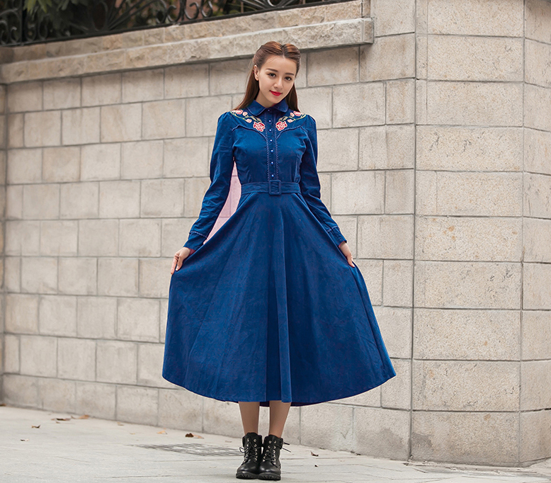 2014WinterStyleDressFloralPatternLongSleeveEmbroideryDressBallGownCorduroyDress-ZMT110615