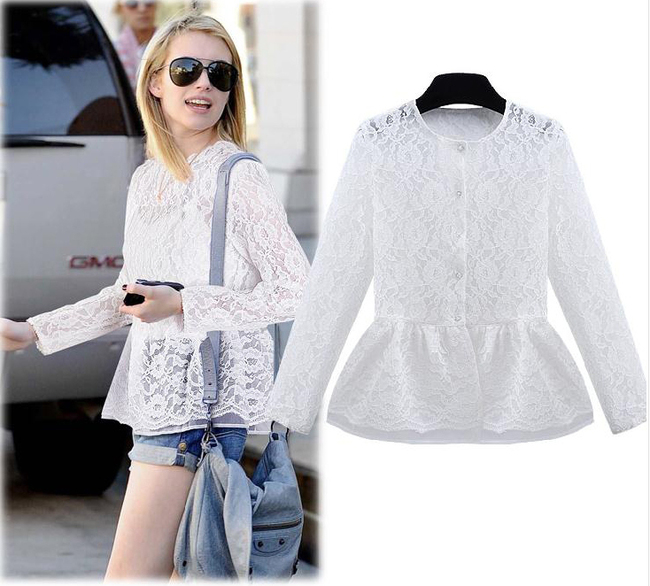 2015ElegantCasualWomenLongSleeveSingle-breastedWhiteLaceBlouse-ZME041315WI