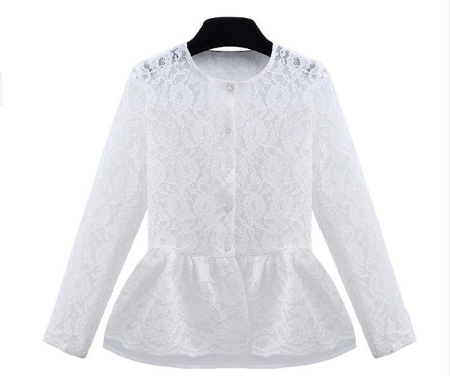 2015ElegantCasualWomenLongSleeveSingle-breastedWhiteLaceBlouse-ZME041315WI