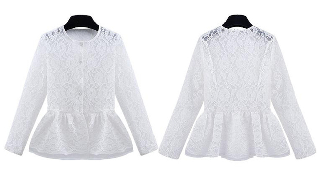 2015ElegantCasualWomenLongSleeveSingle-breastedWhiteLaceBlouse-ZME041315WI