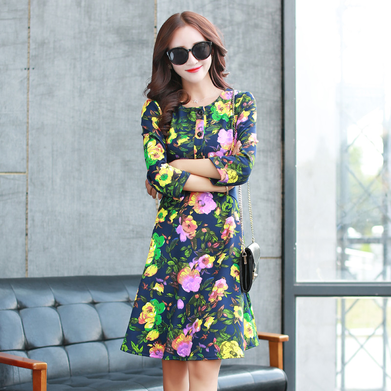 2015ElegantWomenSweetFloralPrintedRoundCollarThreeQuarterSleeveEmpireWaistDress-ME091418