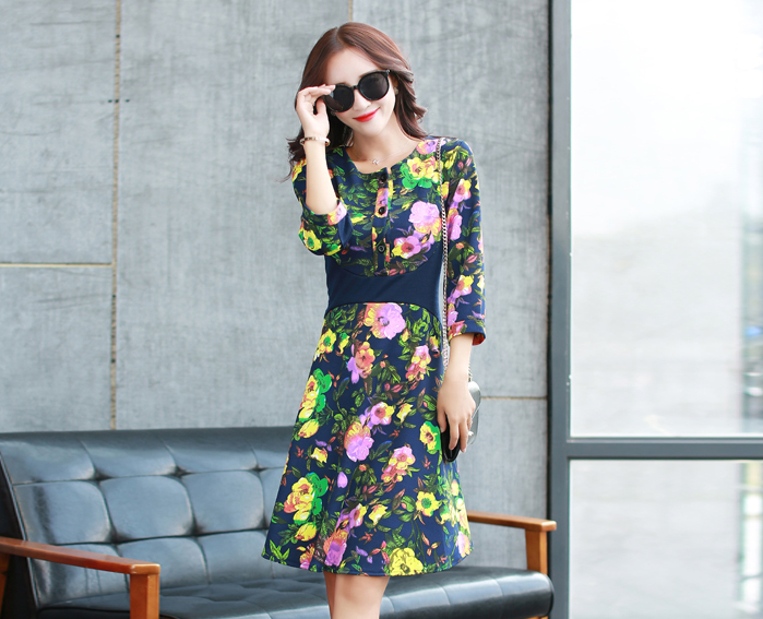 2015ElegantWomenSweetFloralPrintedRoundCollarThreeQuarterSleeveEmpireWaistDress-ME091418