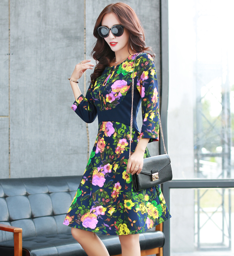 2015ElegantWomenSweetFloralPrintedRoundCollarThreeQuarterSleeveEmpireWaistDress-ME091418