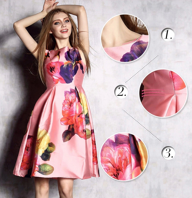 2015EuropeanStylishWomenFloralPrintingSleevelessBallGownDress-ZLE040919