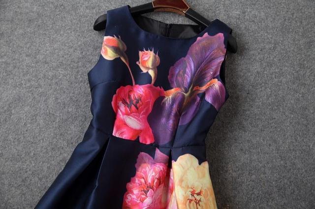 2015EuropeanStylishWomenFloralPrintingSleevelessBallGownDress-ZLE040919