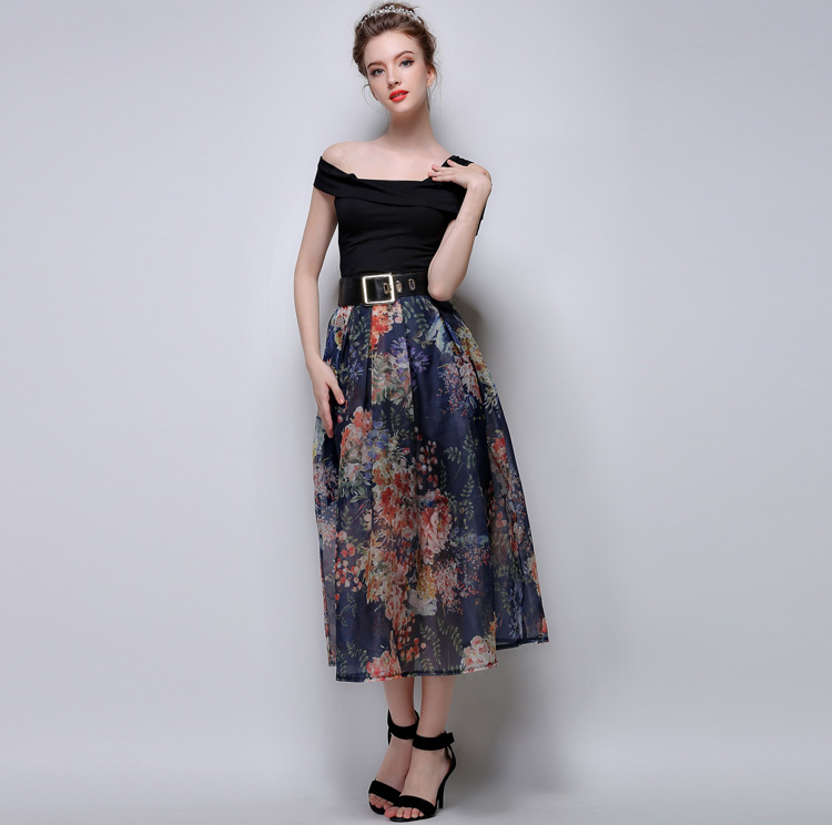 2015KoreaSummerWomenFloralPrintingLongBlueSkirt-ZME052502BU