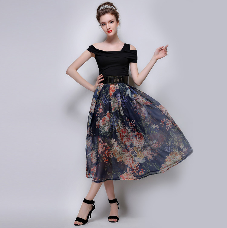 2015KoreaSummerWomenFloralPrintingLongBlueSkirt-ZME052502BU