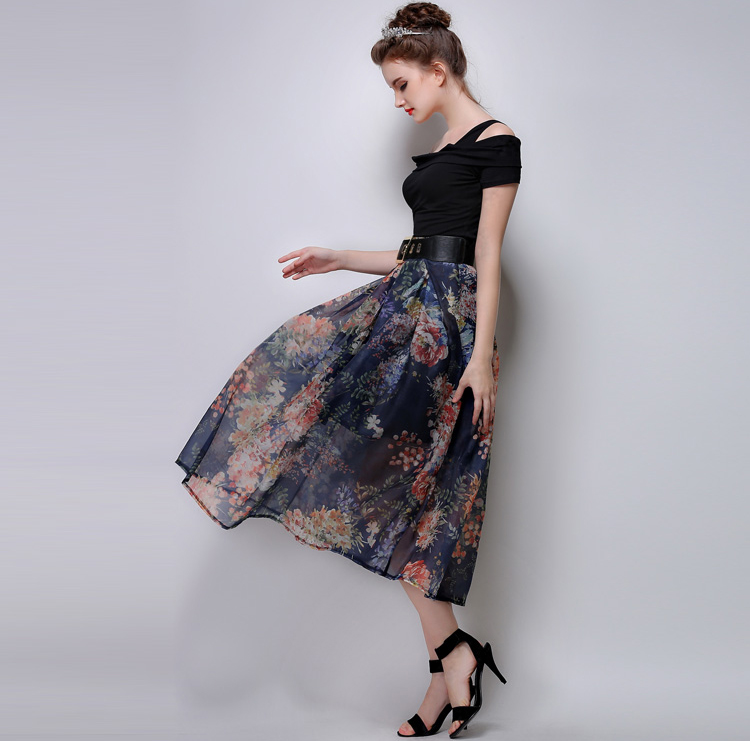 2015KoreaSummerWomenFloralPrintingLongBlueSkirt-ZME052502BU