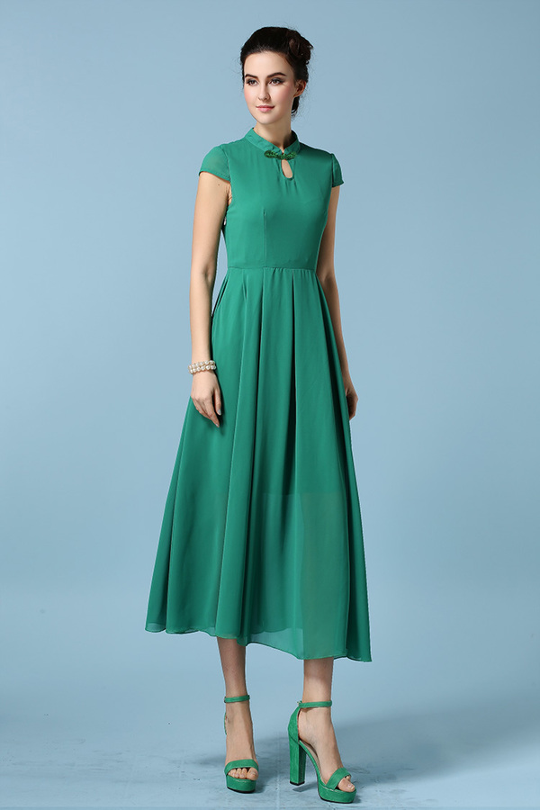 2015KoreanStylishWomenBowCheongsamCollarChiffonGreenMaxiDress-ZME032404GE