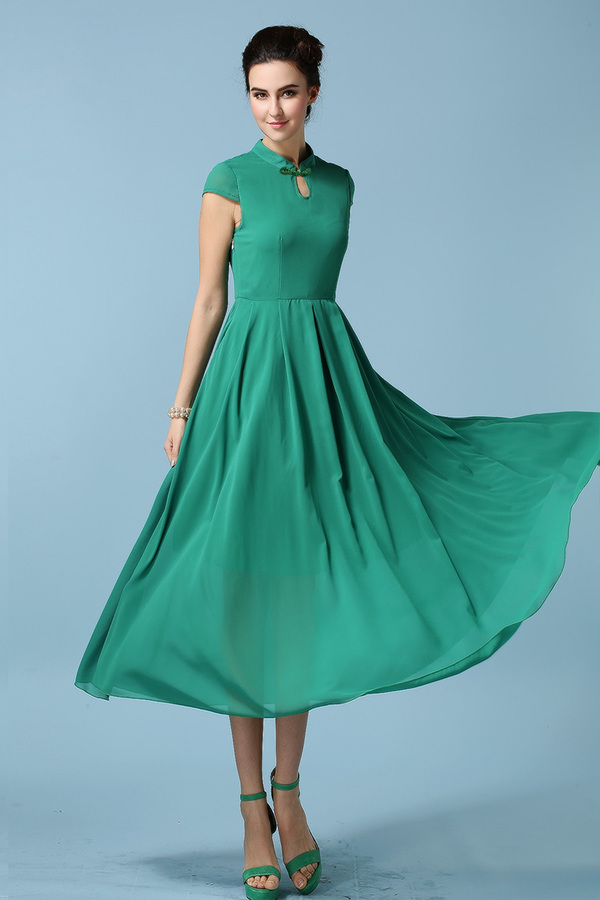 2015KoreanStylishWomenBowCheongsamCollarChiffonGreenMaxiDress-ZME032404GE