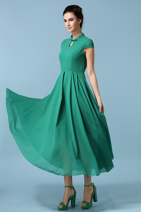 2015KoreanStylishWomenBowCheongsamCollarChiffonGreenMaxiDress-ZME032404GE