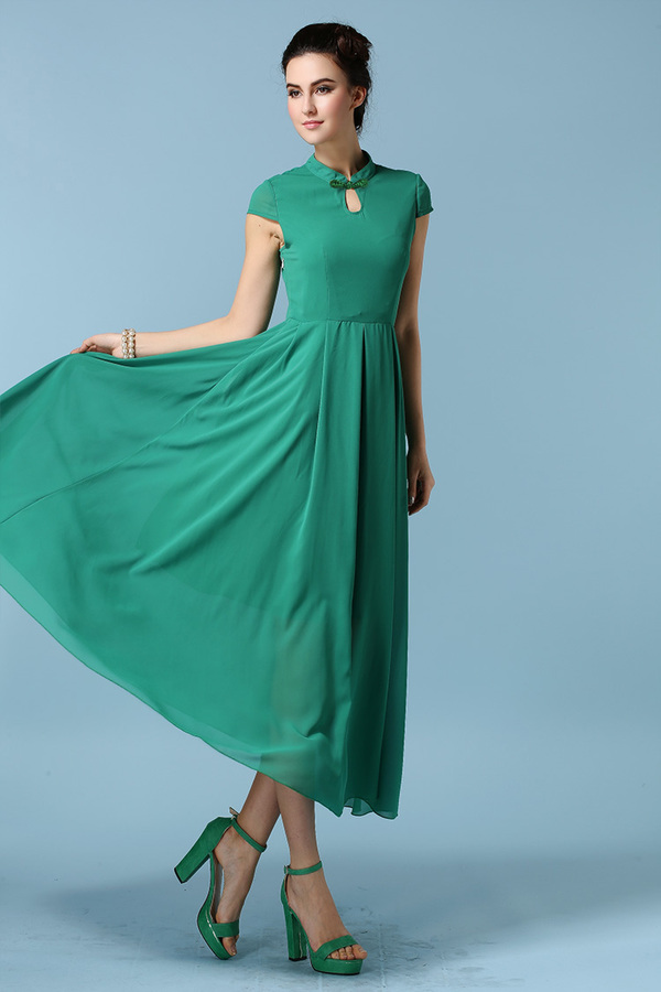 2015KoreanStylishWomenBowCheongsamCollarChiffonGreenMaxiDress-ZME032404GE