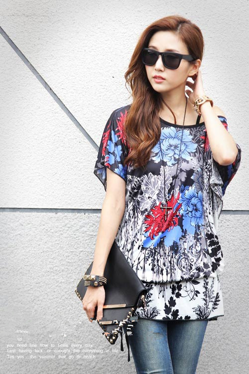 2015KoreanStylishWomenT-shirtParticularBigFlowersPrintingDrawstringWaistT-shirt-DMT120929DB