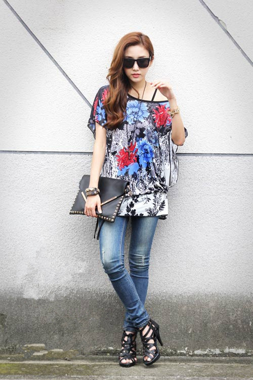 2015KoreanStylishWomenT-shirtParticularBigFlowersPrintingDrawstringWaistT-shirt-DMT120929DB