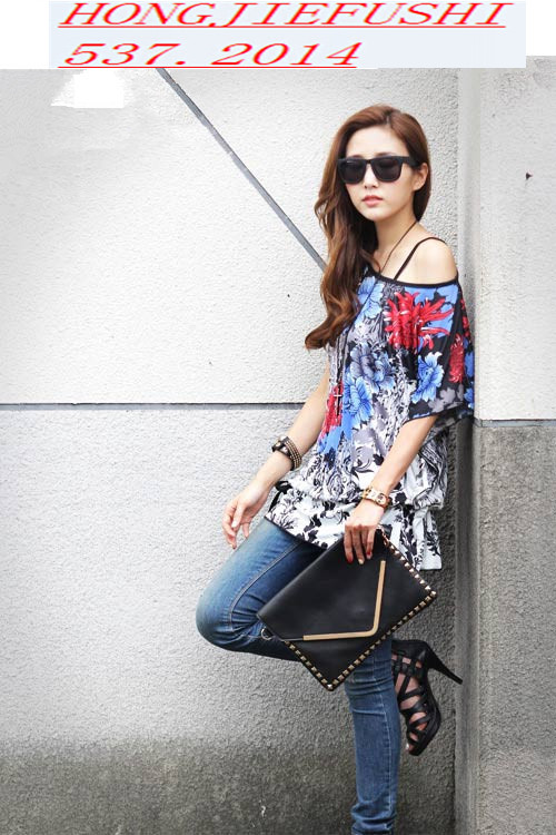 2015KoreanStylishWomenT-shirtParticularBigFlowersPrintingDrawstringWaistT-shirt-DMT120929DB