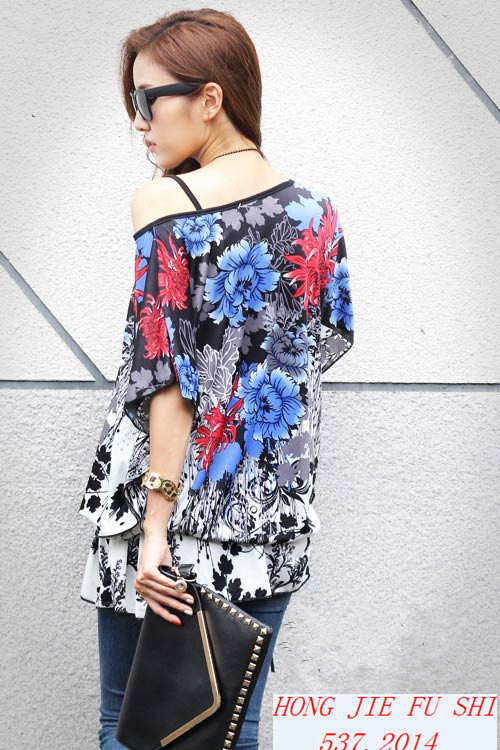 2015KoreanStylishWomenT-shirtParticularBigFlowersPrintingDrawstringWaistT-shirt-DMT120929DB