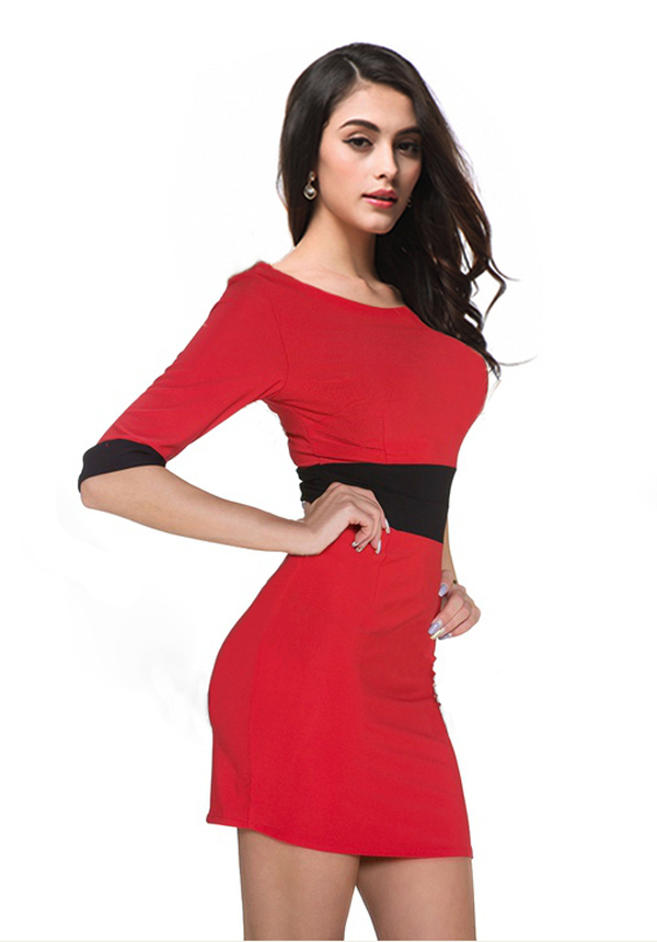 2015LatestDesignWomenDressHalfSleeveO-NeckRedPartyDress-ZME041009RD