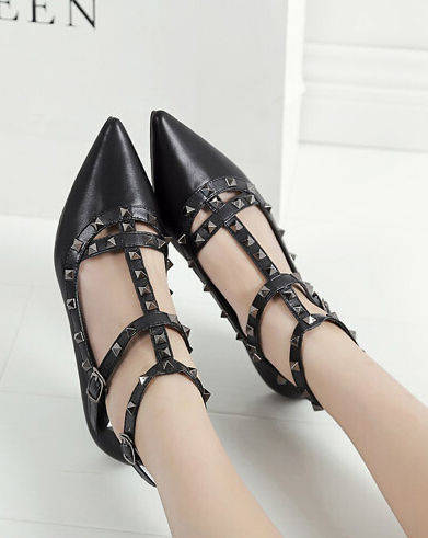 2015LatestFashionRivetsT-strapPointedToeBlackFlats-DFE072401BA