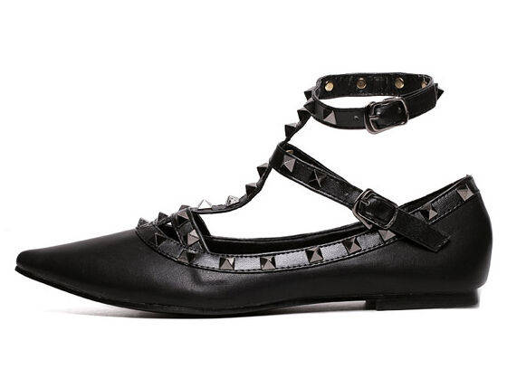 2015LatestFashionRivetsT-strapPointedToeBlackFlats-DFE072401BA