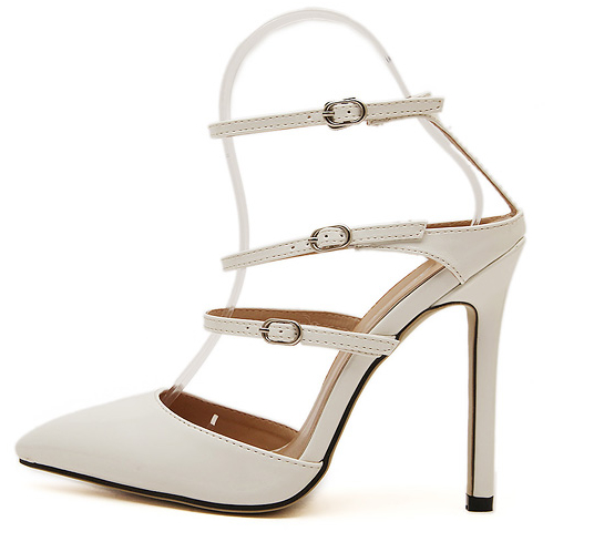 2015LatestPointedToeThinHighHeelsThreeBucklesWhitePumps-DFE042905WI