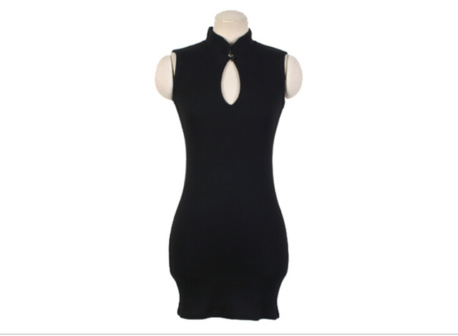 2015NewArrivalCharmingChestHollow-outSleevelessDressStandCollarFittedBlackCheapDress-DFE011531BA