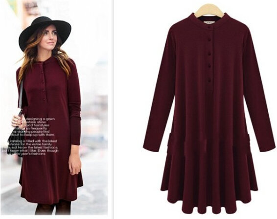 2015NewEuropeanWomenStandCollarSolidColorPleatedSingleBreatedLongSleeveDress-ME091414