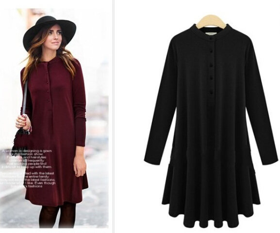 2015NewEuropeanWomenStandCollarSolidColorPleatedSingleBreatedLongSleeveDress-ME091414