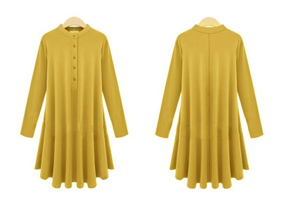 2015NewEuropeanWomenStandCollarSolidColorPleatedSingleBreatedLongSleeveDress-ME091414
