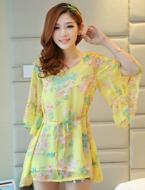 2015NewFashionWomenT-shirtBeautifulElegantFloralPrintedPuffSleeve-PFE080312LY