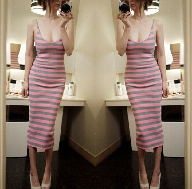 2015NightClubWearPinkSexyWrapStripedPatternStrapDress-XHE030910PN