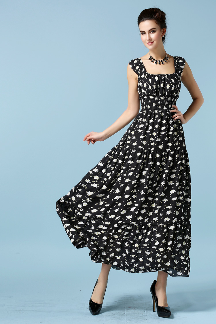 2015SummerBeachMaxiDressFloralPrintingSleeveBlackChiffonDress-ZME012305BA