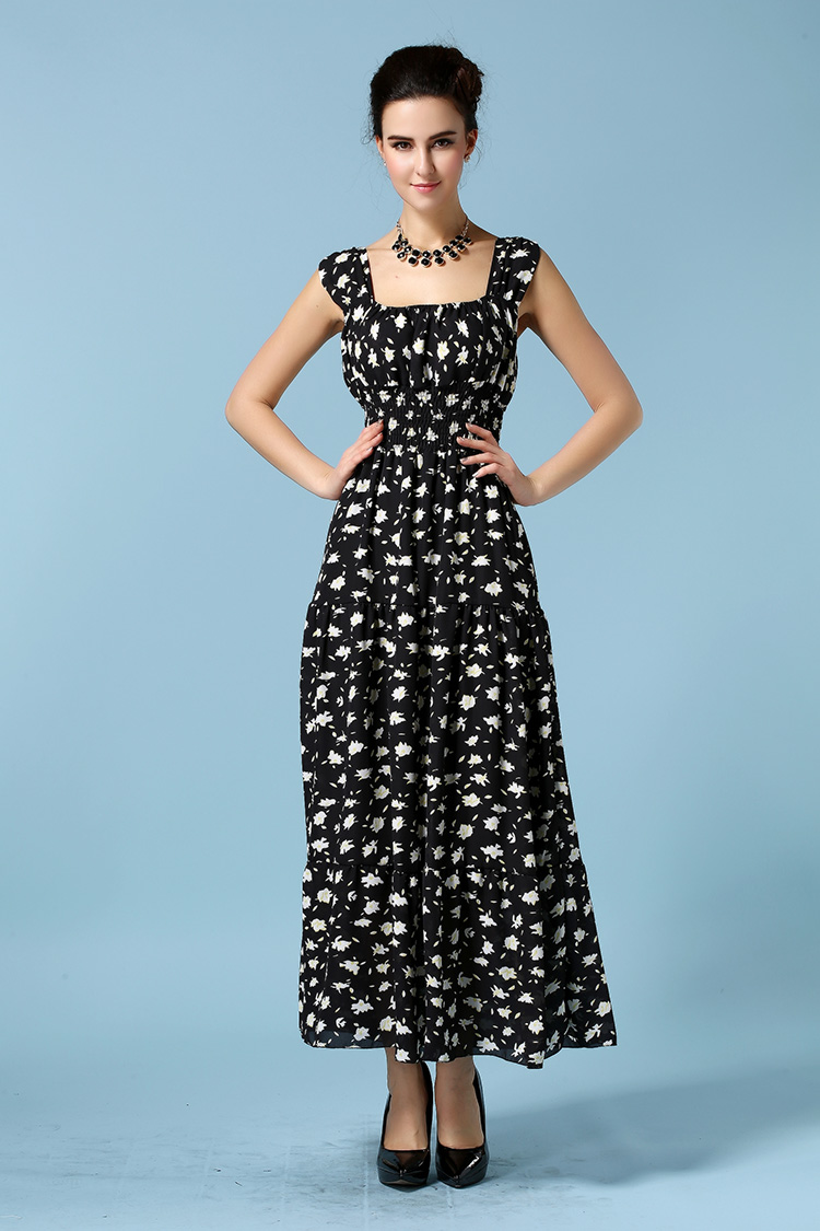 2015SummerBeachMaxiDressFloralPrintingSleeveBlackChiffonDress-ZME012305BA