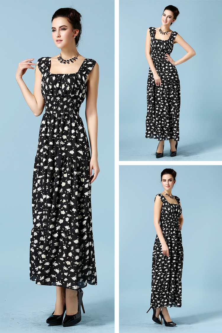 2015SummerBeachMaxiDressFloralPrintingSleeveBlackChiffonDress-ZME012305BA