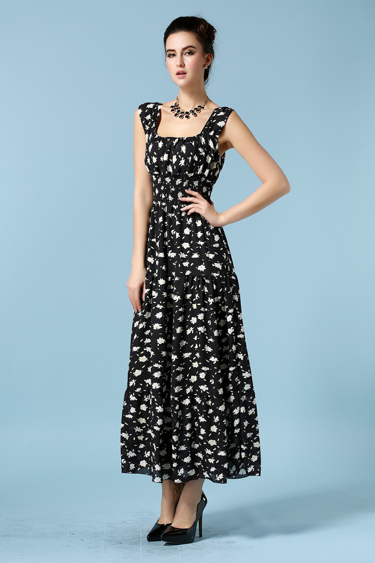 2015SummerBeachMaxiDressFloralPrintingSleeveBlackChiffonDress-ZME012305BA