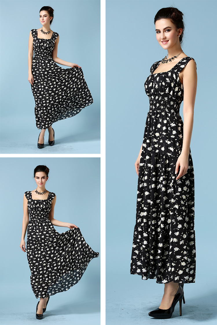 2015SummerBeachMaxiDressFloralPrintingSleeveBlackChiffonDress-ZME012305BA