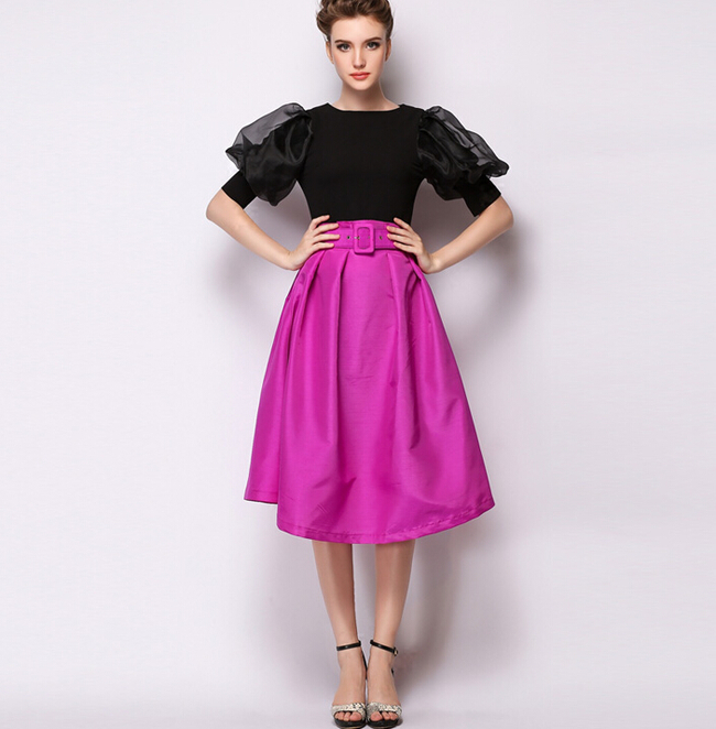 2015SummerClassicalLookRoseHighQualityRuchedBackZipperSkirtWithBelt-XHE050520RS