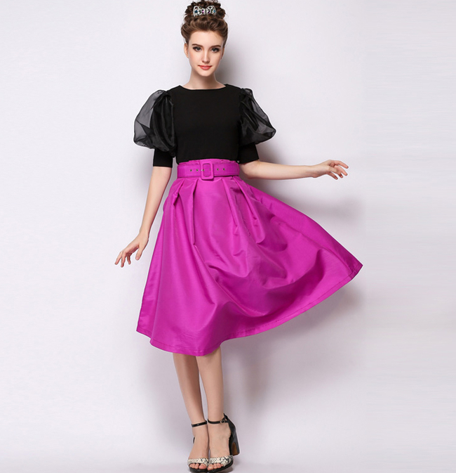 2015SummerClassicalLookRoseHighQualityRuchedBackZipperSkirtWithBelt-XHE050520RS