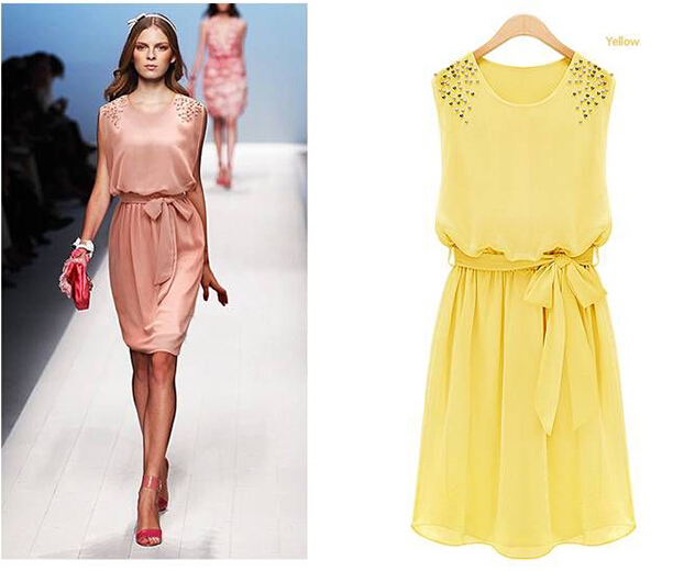 2015SummerEuroWomenSolidColorBeadingSleevelessBandageChiffonDress-ZME050717