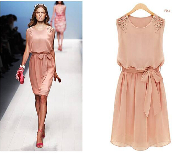 2015SummerEuroWomenSolidColorBeadingSleevelessBandageChiffonDress-ZME050717
