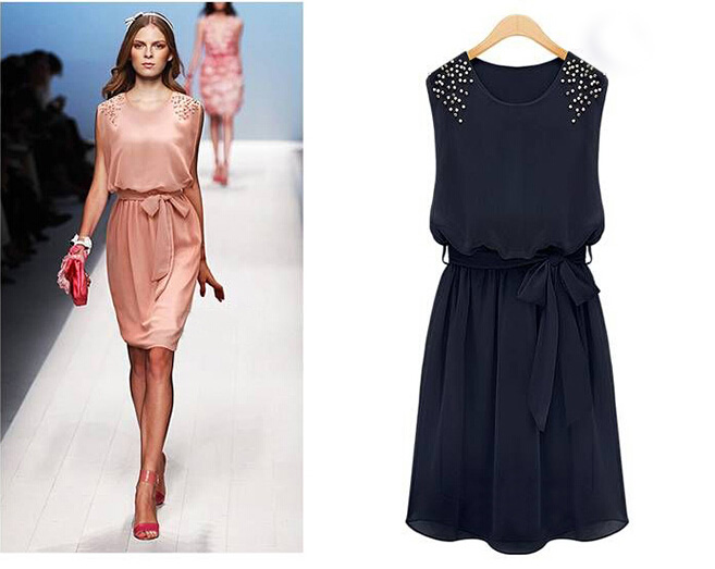 2015SummerEuroWomenSolidColorBeadingSleevelessBandageChiffonDress-ZME050717
