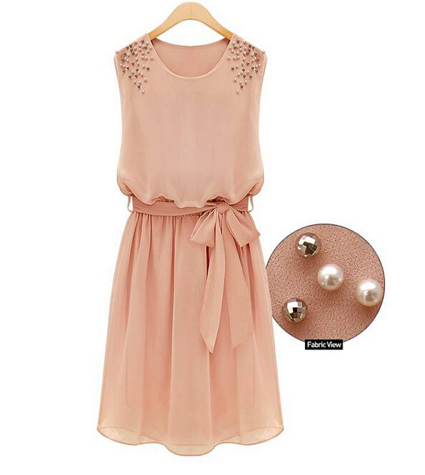 2015SummerEuroWomenSolidColorBeadingSleevelessBandageChiffonDress-ZME050717