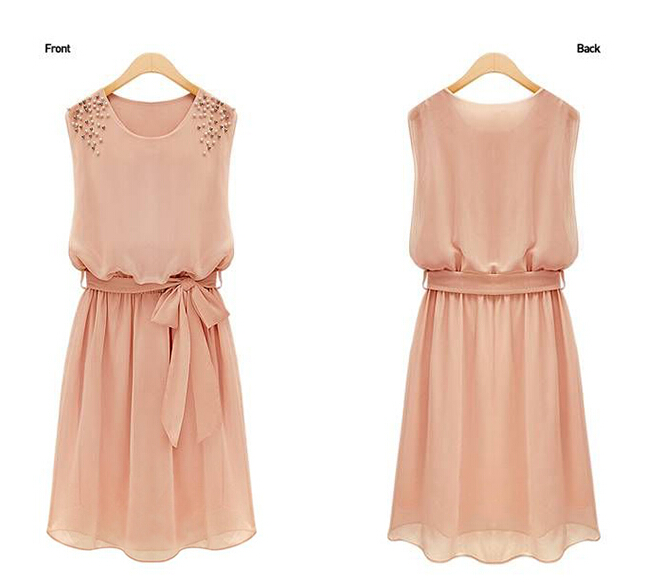 2015SummerEuroWomenSolidColorBeadingSleevelessBandageChiffonDress-ZME050717