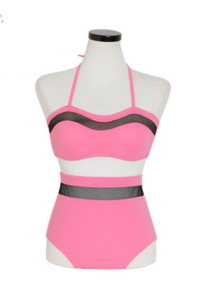 2015SummerHalterNeckGauzeMatchingBandageBikiniHighWaistedPinkBikiniSets-DFE040621PN