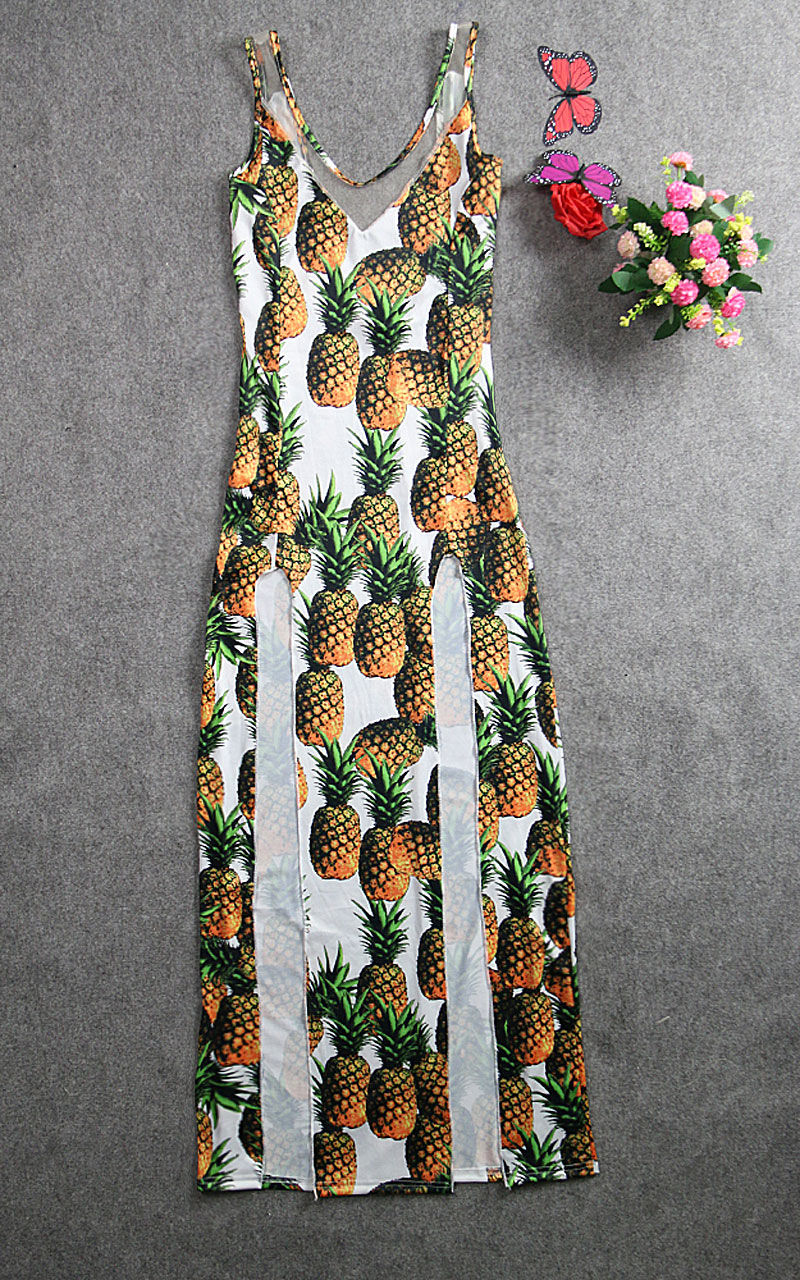 2015SummerPineapplePatternBacklessThighSlitsSexyDressSheathDress-DFE091820WI