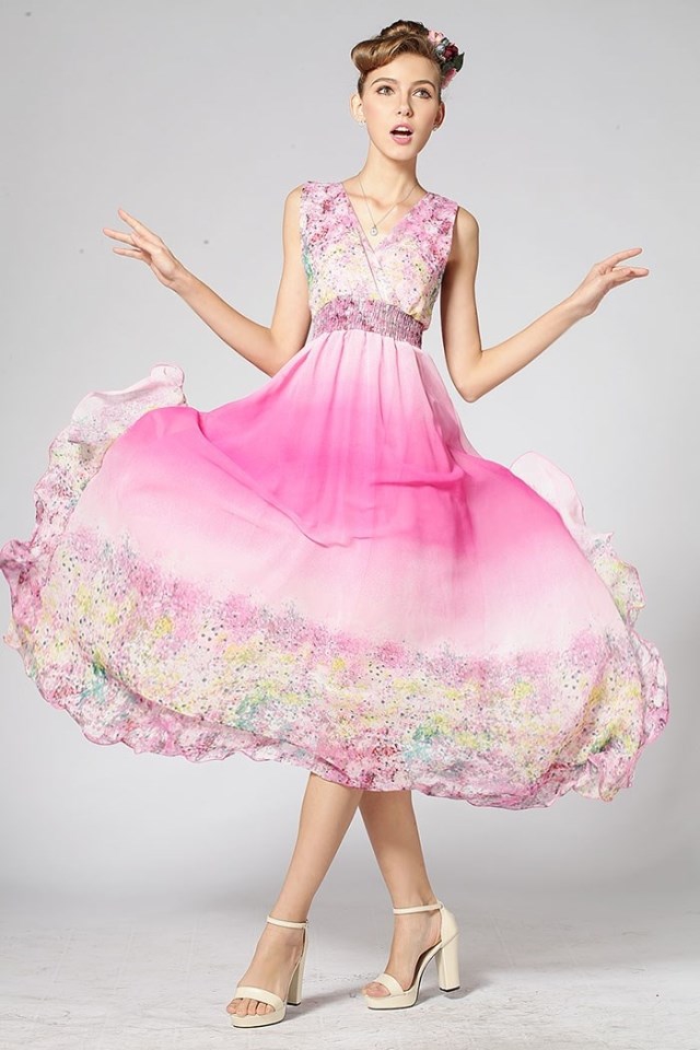 2015SummerV-neckElasticWaistFloralPrintGradientColorWholesaleDressSunDress-DFE072018PN