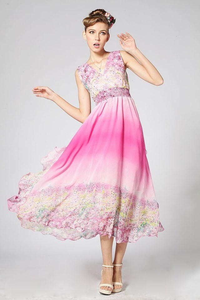 2015SummerV-neckElasticWaistFloralPrintGradientColorWholesaleDressSunDress-DFE072018PN
