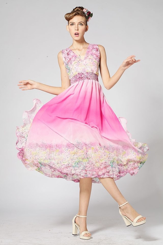 2015SummerV-neckElasticWaistFloralPrintGradientColorWholesaleDressSunDress-DFE072018PN