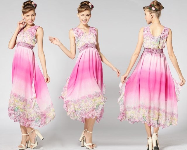 2015SummerV-neckElasticWaistFloralPrintGradientColorWholesaleDressSunDress-DFE072018PN
